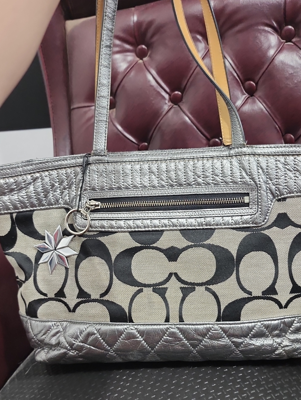 Coach Metallic Silver Signature Canvas Tote
